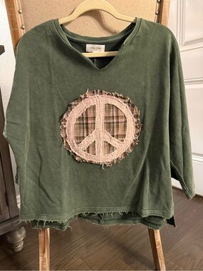 Washed Olive Peace Patch Pullover Top